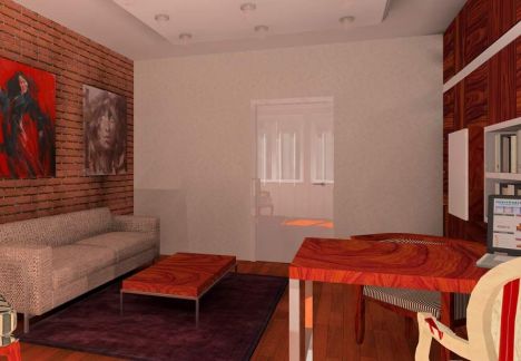 Projekt i aranżacja mieszkania w kamienicy ze ścianą z cegły w tle