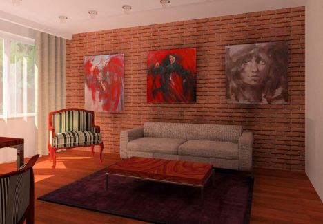 Projekt i aranżacja mieszkania w kamienicy ze ścianą z cegły w tle