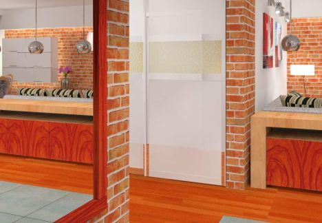 Projekt i aranżacja mieszkania w kamienicy ze ścianą z cegły w tle