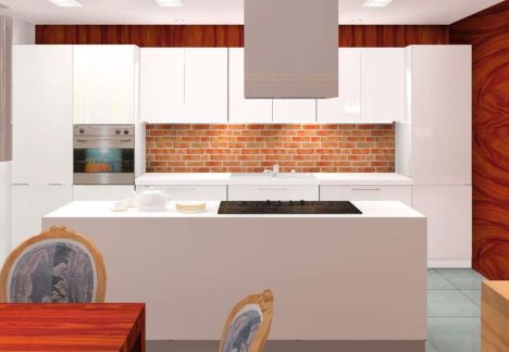 Projekt i aranżacja mieszkania w kamienicy ze ścianą z cegły w tle