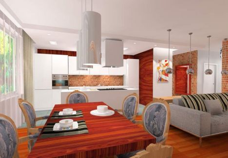 Projekt i aranżacja mieszkania w kamienicy ze ścianą z cegły w tle