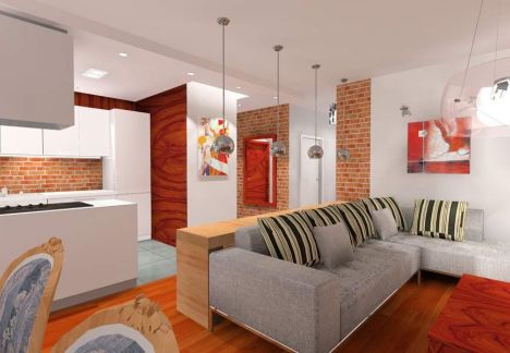 Projekt i aranżacja mieszkania w kamienicy ze ścianą z cegły w tle