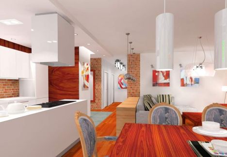 Projekt i aranżacja mieszkania w kamienicy ze ścianą z cegły w tle