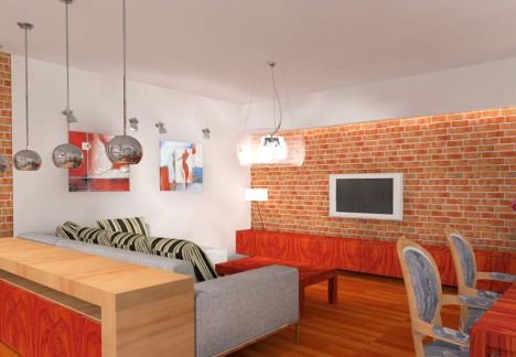Projekt i aranżacja mieszkania w kamienicy ze ścianą z cegły w tle