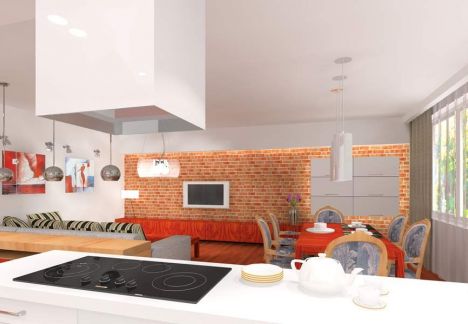 Projekt i aranżacja mieszkania w kamienicy ze ścianą z cegły w tle