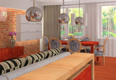 Projekt i aranżacja mieszkania w kamienicy ze ścianą z cegły w tle