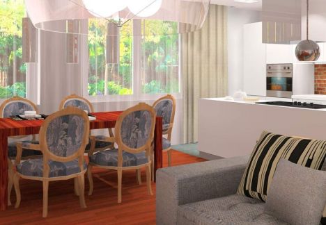 Projekt i aranżacja mieszkania w kamienicy ze ścianą z cegły w tle