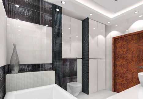 Łazienka w kolorach czarny i biały, płytki z fakturą skóry węża.