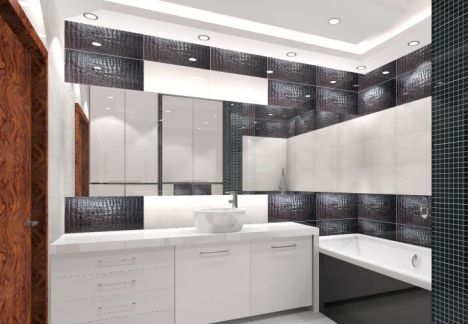 Łazienka w kolorach czarny i biały, płytki z fakturą skóry węża.
