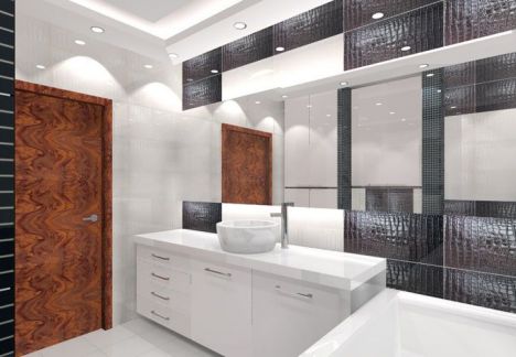 Łazienka w kolorach czarny i biały, płytki z fakturą skóry węża.