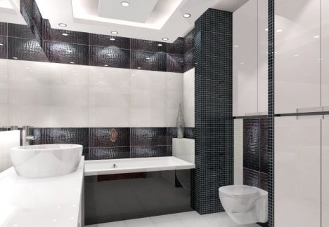 Łazienka w kolorach czarny i biały, płytki z fakturą skóry węża.