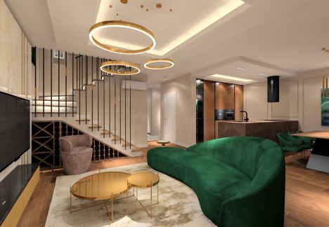 Butelkowa zieleń w salonie, złote lampy okręgi.