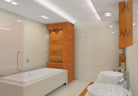 projekt łazienki z użyciem płytek imitujących alabaster