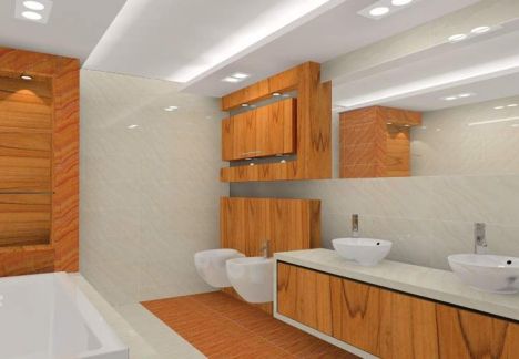 projekt łazienki z użyciem płytek imitujących alabaster