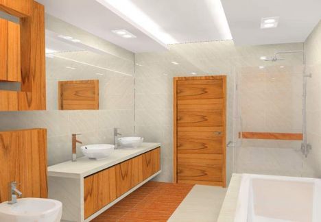 projekt łazienki z użyciem płytek imitujących alabaster