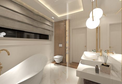 Jasna łazienka z wykorzystaniem płytek marmurowych w połączeniu z ciepłym kolorem drewna.