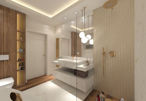 Prysznic bez brodzika, duża umywalka w łazience.