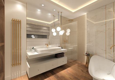 Złote płytki w łazience - płytki marmurowe i ciepłe drewno.