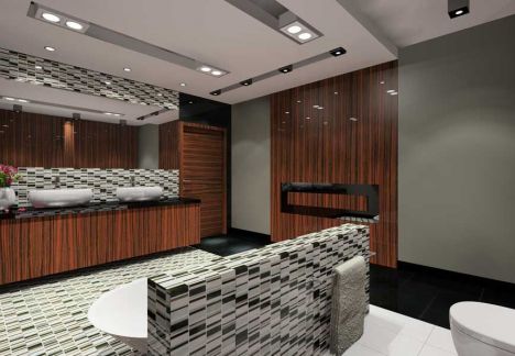 Projekt łazienki z wykorzystaniem płytek firmy dunin. 