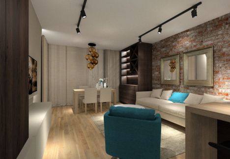 Cegła w salonie i beton