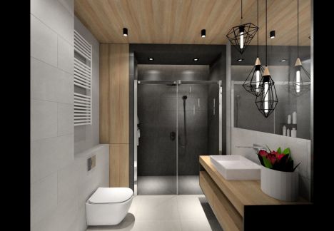 Projekt łazienki z czarnymi płytkami i drewnem