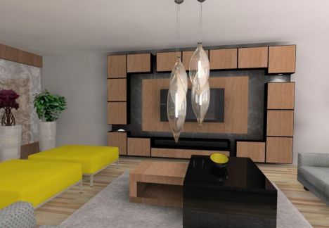 aranżacja wnętrza salonu - piękny żyrandol i 2 kanapy