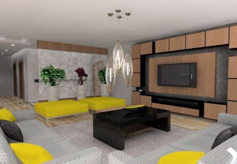 projekt mieszkania warszawa - widok salon ze strefą telewizyjną i mnóstwem miejsca na przechowywanie