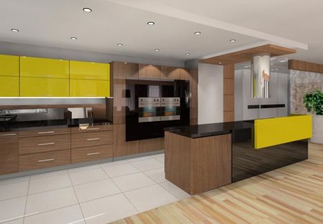 projekt kuchni - wyspa z nowoczesnym okapem plus dekoracje w odważnych kolorach