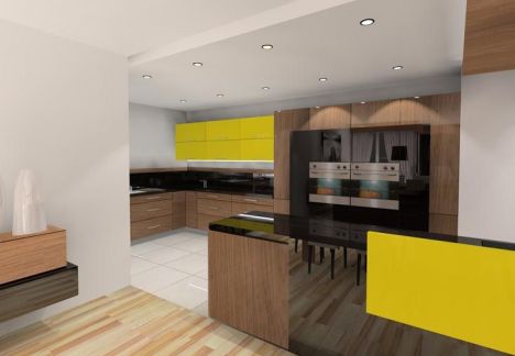 projekt kuchni - odważne żółte kolory i eleganckie dekoracje