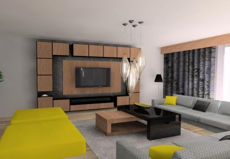 aranżacja wnętrza salonu widok na strefę telewizyjną - projektant MKdezere