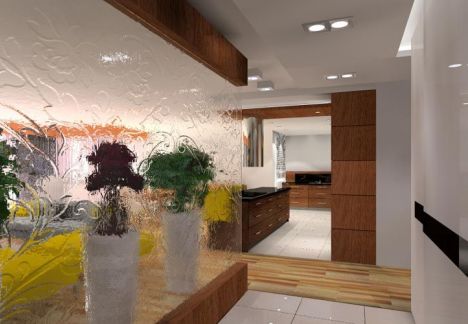 projektanty wnętrz- przedpokój z piękną szklaną przegrodą