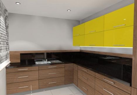 projekt kuchni - odważna żółta kolorystyka górnych szafek