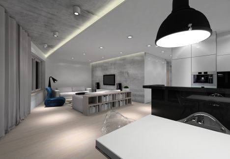 Wnętrze mieszkania z dekoracyjnym betonem na suficie.