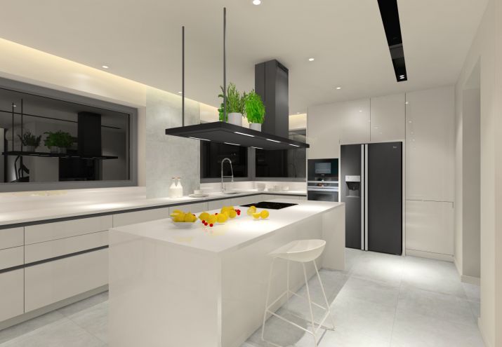 Projekt kuchni z wyspą kuchenną, nad wyspą zamontowano okap kuchenny z półką na zioła.