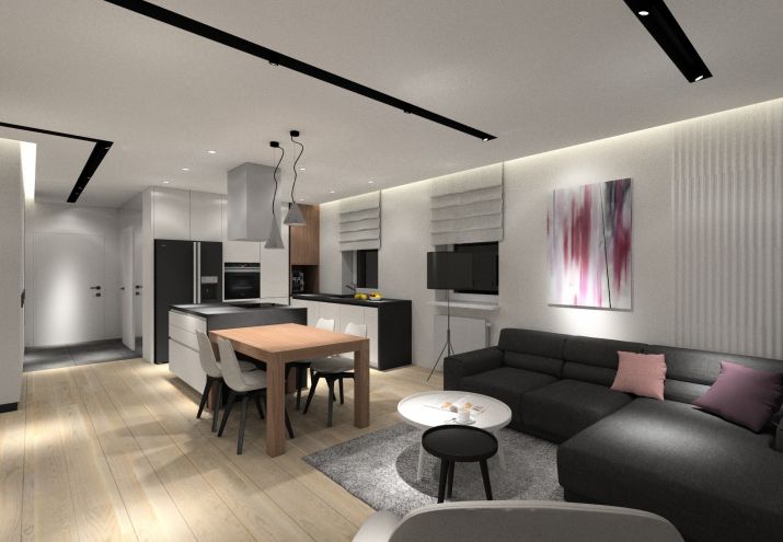 Nowoczesny salon, często składa się również z jadalni oraz kuchni tworząc jedną otwartą przestrzeń.