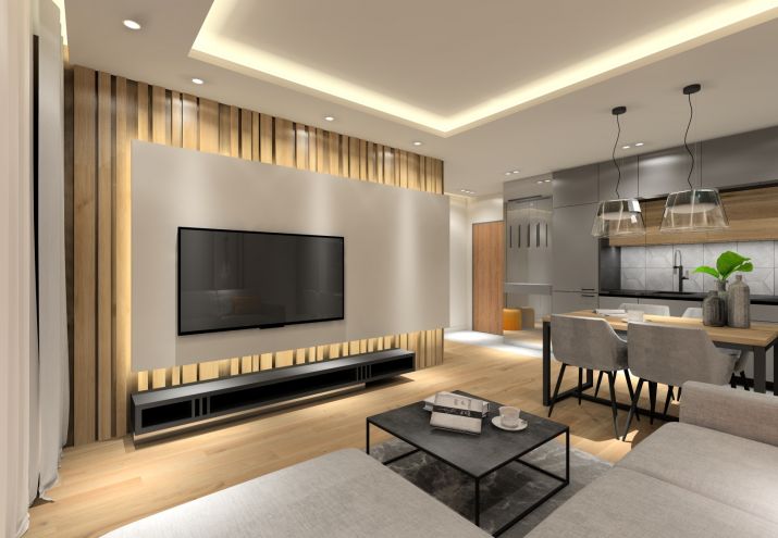 Nowoczesny salon z drewnianymi lamelami na ścianie z telewizorem