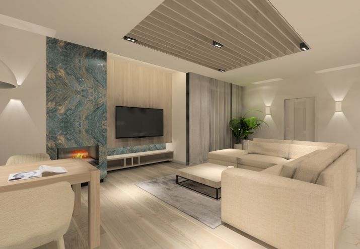 Stół w nowoczesnym salonie z kominkiem.