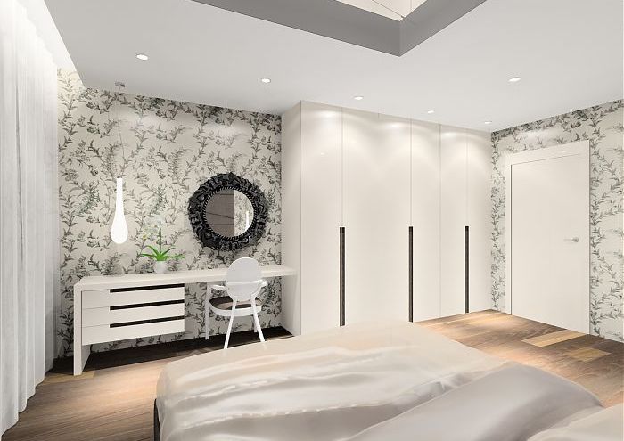 przytulna, jasna sypialnia z tapicerowanym zagłówkiem