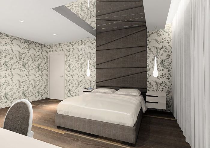 przytulna, jasna sypialnia z tapicerowanym zagłówkiem