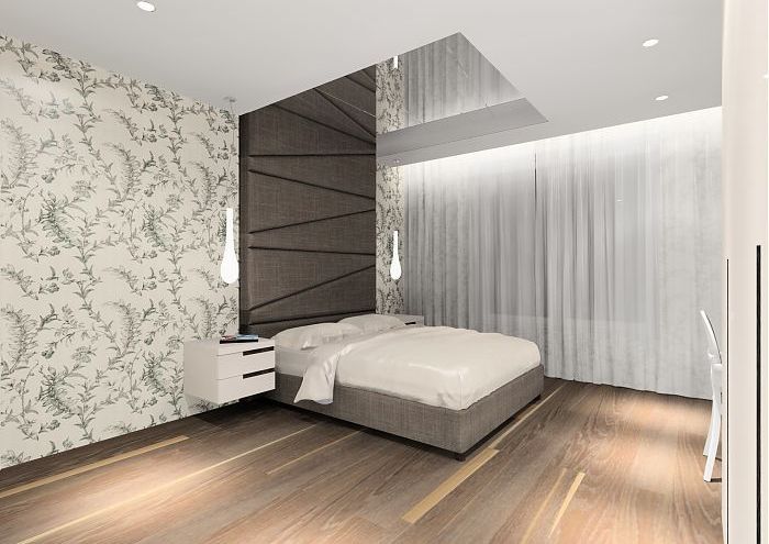 przytulna, jasna sypialnia z tapicerowanym zagłówkiem