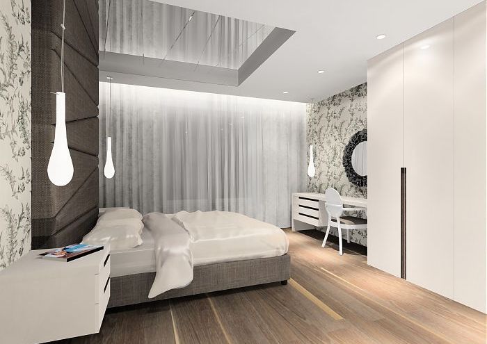 przytulna, jasna sypialnia z tapicerowanym zagłówkiem