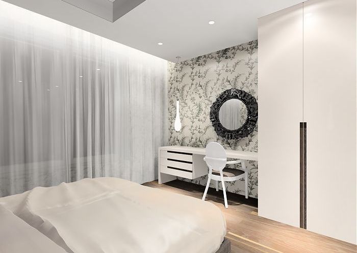 przytulna, jasna sypialnia z tapicerowanym zagłówkiem