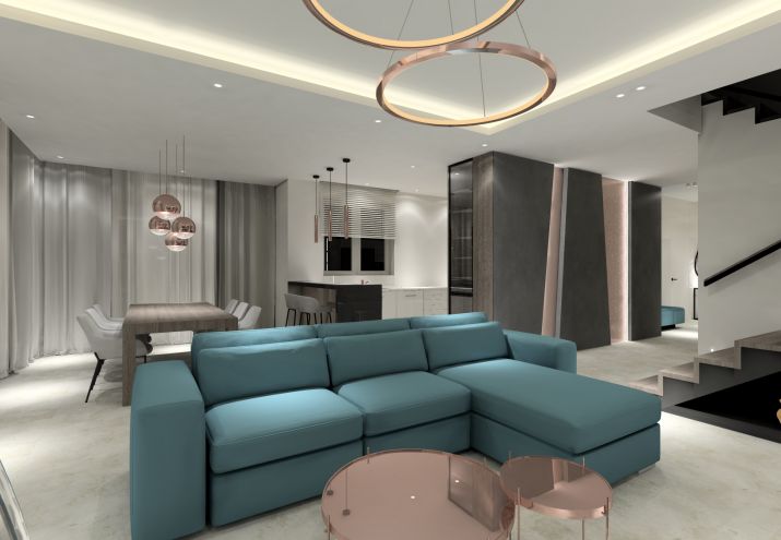 Turkusowe dodatki, salon z narożnikiem