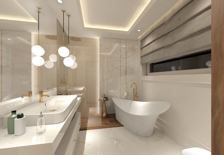 Wanna wolnostojąca w łazience. Sztukateria w łazience.