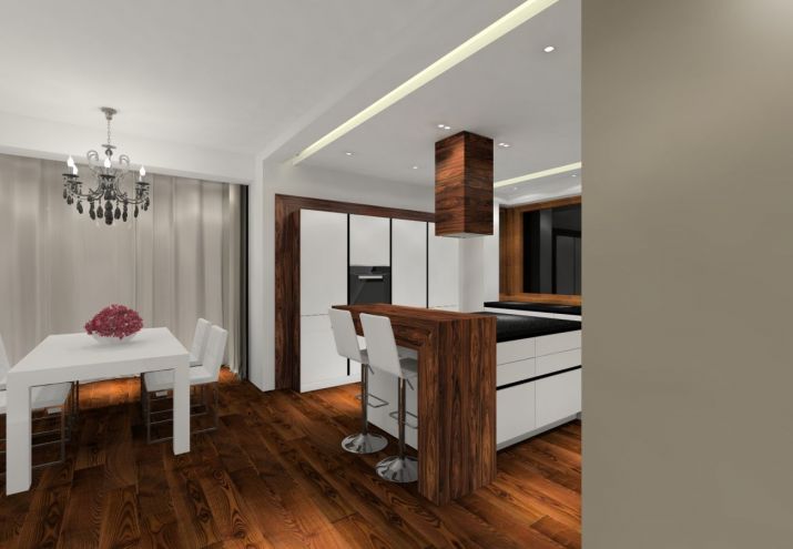 Projekt domu pod warszawą z wykorzystaniem podłogi z jesionu termo i palisandru.