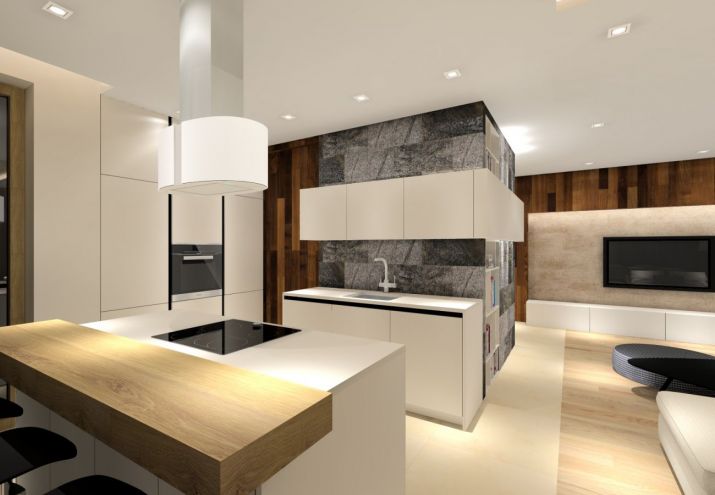 Projekt nowoczesnego, salonu połączonego z kuchnią i jadalnią.