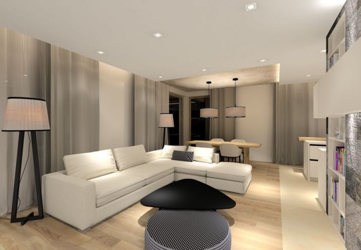 Projekt nowoczesnego, salonu połączonego z kuchnią i jadalnią.