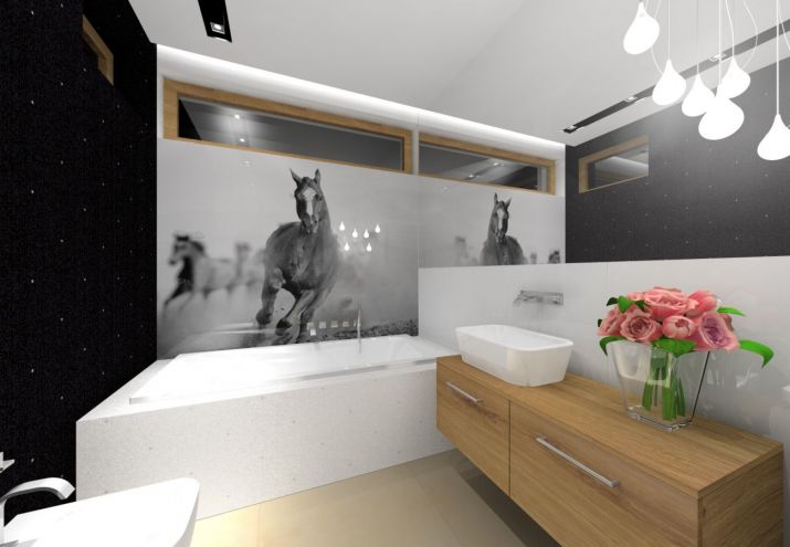 Projekt biało czarnej eleganckiej łazienki gościnnej.