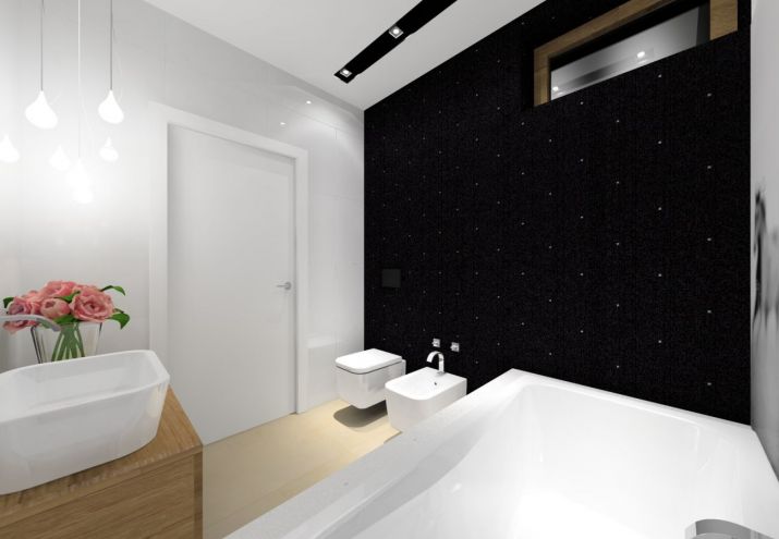 Projekt biało czarnej eleganckiej łazienki gościnnej.