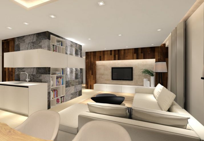 Projekt nowoczesnego, salonu połączonego z kuchnią i jadalnią.